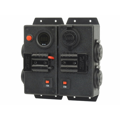 12V/24V DOUBLE CONTROL BOX - 4X CIGARETTE 1X DUAL USB 2X 50A ANDERSON