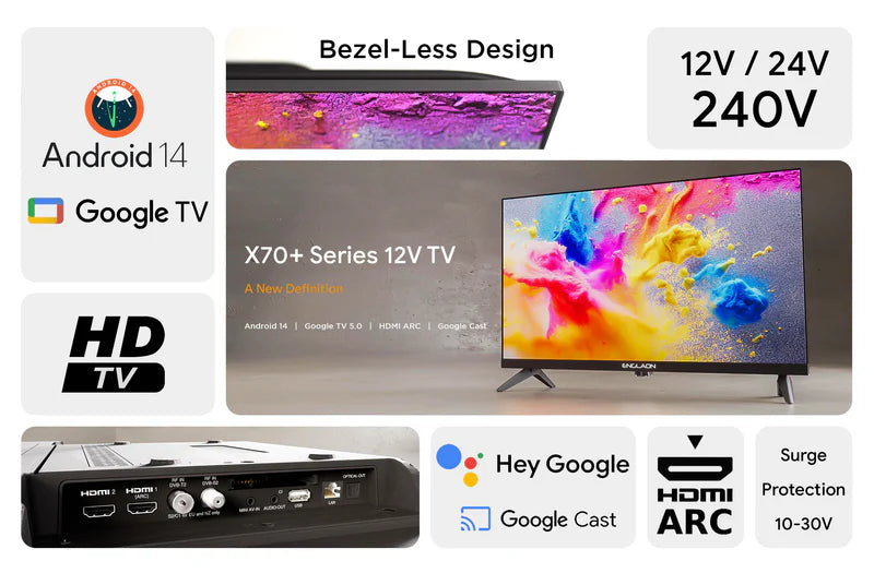 24” HD 12V Google TV Android 14, Built-in Google Cast & Bluetooth