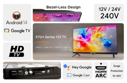 24” HD 12V Google TV Android 14, Built-in Google Cast & Bluetooth