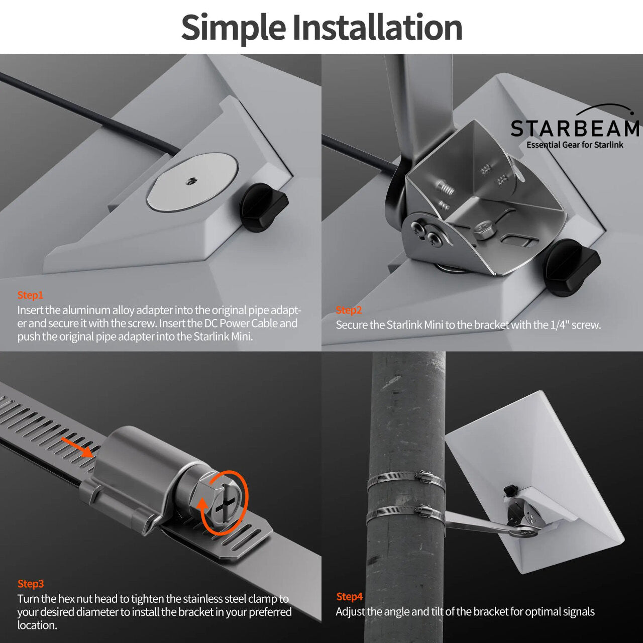 Starlink Mini Light Pole Mount – Stainless Steel Clamps with 360° Adjustable Arm
