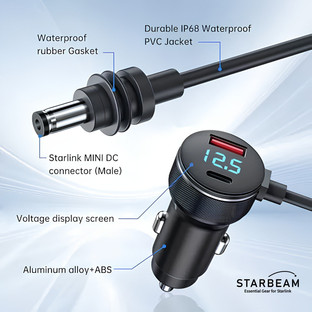 Starlink Mini 12/24V DC 3m Cig Power + LCD Screen