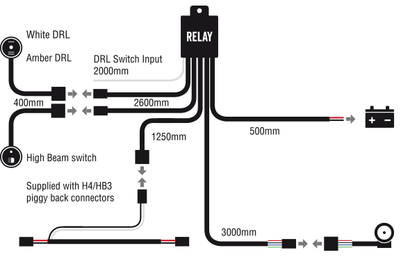 LED Bar Light Wiring Kit Suits Dual DRL 12/24V +&- Switching H4 & HB4 Piggy Back Connectors