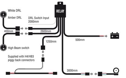 LED Bar Light Wiring Kit Suits Dual DRL 12/24V +&- Switching H4 & HB4 Piggy Back Connectors