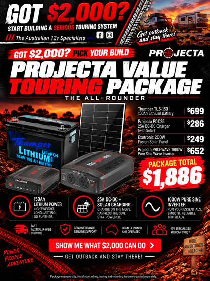 Value Touring Package | 150Ah Lithium, 25A DC-DC, 200W Solar & 1600W Inverter