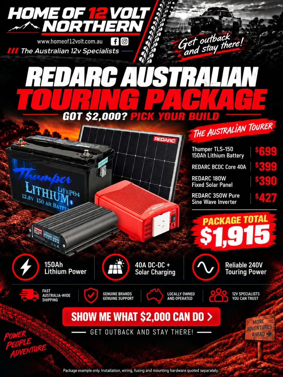 Australian Touring Package | 150Ah Lithium, 40A DC-DC, 180W Solar & 350W Inverter
